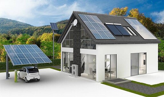 Modernes Haus mit Photovoltaik-Anlage am Dach und Carport sowie E-Auto im Burgenland