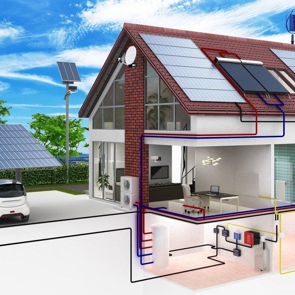 Schnittgrafik eines Einfamilienhauses mit PV, Speicher und Heizsystem