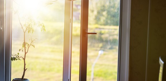 Geöffnetes Fenster mit einfallender Sonne und Blick ins Grüne