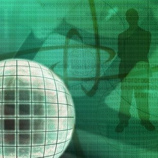 Abstrakte grüne Grafik mit Globus und Silhouetten