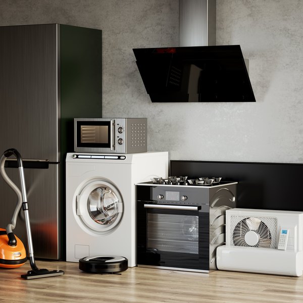 Verschiedene Haushaltsgeräte wie Kühlschrank, Waschmaschine und Herd nebeneinander